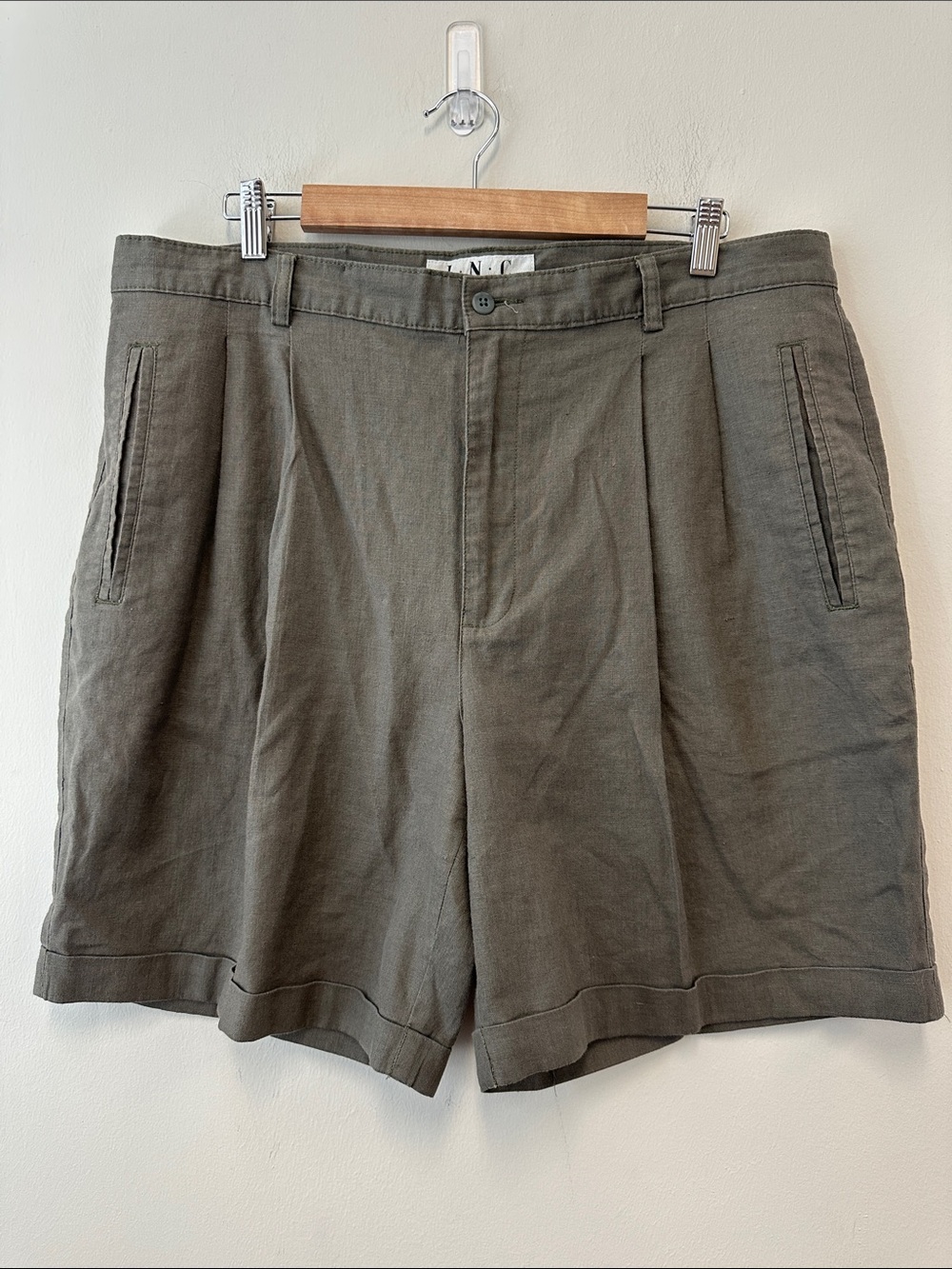 INC International Concepts Dark Olive Green Pleated Linen Blend Shorts